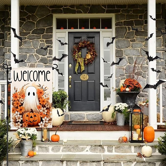 ChloropLastid Halloween Ghost Garden Flag 12x18 Inch Spooky Pumpkin Fall Welcome Holiday Outside Decorations Burlap Yard Flag Double Sided