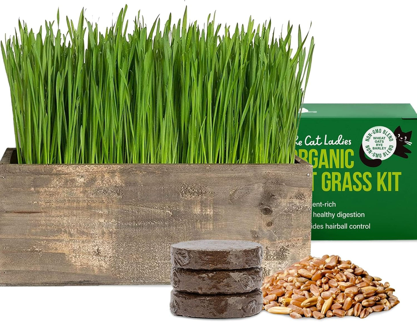 The Cat Ladies Cat Grass Kit Complete with Rustic Wood Planter, Organic Seed and Soil. Easy to Grow - Great for Indoor or Outdoor Cat, Dogs and Other Pets. Prevent Hairballs and Aid Digestion…