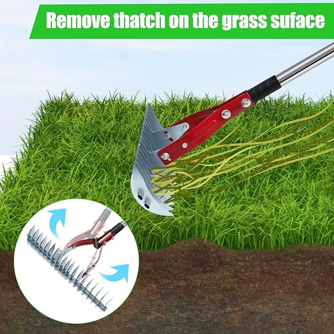 Thatch Rake, 15-inch Lawn Dethatcher Rake, Efficient Steel Metal Rake with Stainless Steel Handle, Heavy Duty Soil Rake, Grass Grooming Rake for Cleaning Dead Grass