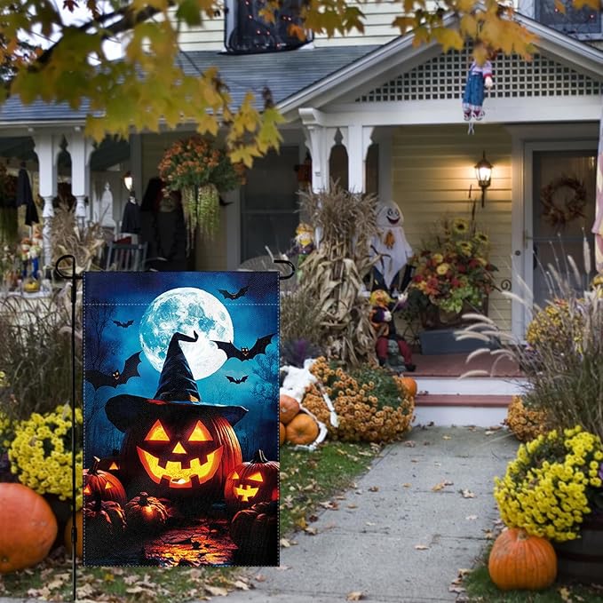Halloween Garden Flag 12 x 18 Inch Double Sided Pumpkin Bat Moon Designs Welcome Fall Autumn Burlap Yard Flag for Outside Rustic Yard Outdoor Holiday Home Decoration