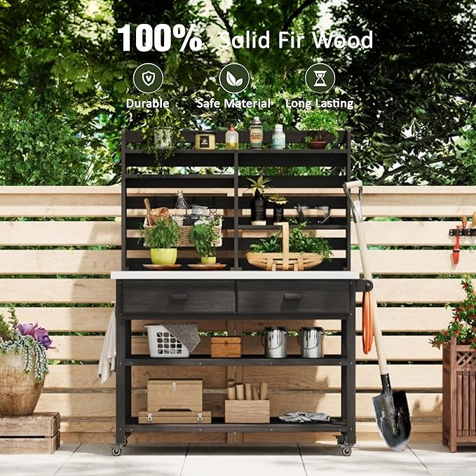 Polibi 64.9" H Outdoor Potting Bench Table with Lockable Wheels,Solid Fir Wood Outdoor Kitchen Island (Black)