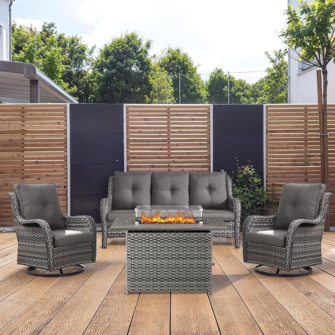 4 Piece Patio Furniture-with 50,000 BTU Gas Propane Fire Pit Table Outdoor Patio Furniture with Swivel Rocker Chairs,Outdoor Couch