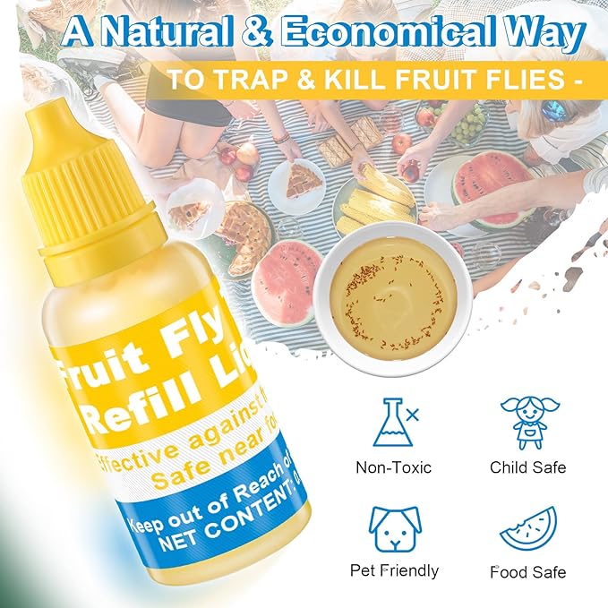 Qualirey Fruit Fly Trap for Indoor and Kitchen Use, 0.68 oz Each Bottle Fruit Fly Trap Refill Liquid, Ready to Use, Safe Near Food, Efficient Lure Refill Liquid, Yellow(12 Pack)