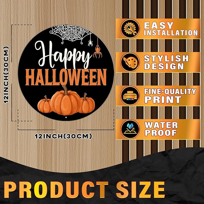 PEACHGARDEN Halloween Pumpkin Metal Tin Sign Vintage Pumpkin Decor Round Welcome Retro Wall Art Gothic Plaque Spooky Home Porch Decorations 12x12inch