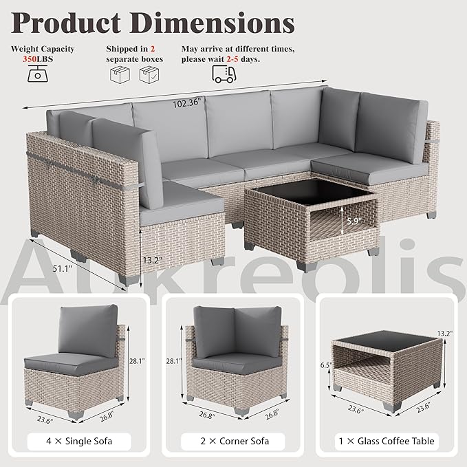 7 Pieces Patio Furniture Set, Outdoor Sectional Wicker Sofa with Thick Cushions and Storage Coffee Table, Rattan Patio Conversation Sets for Deck Yard Poolside, Grey