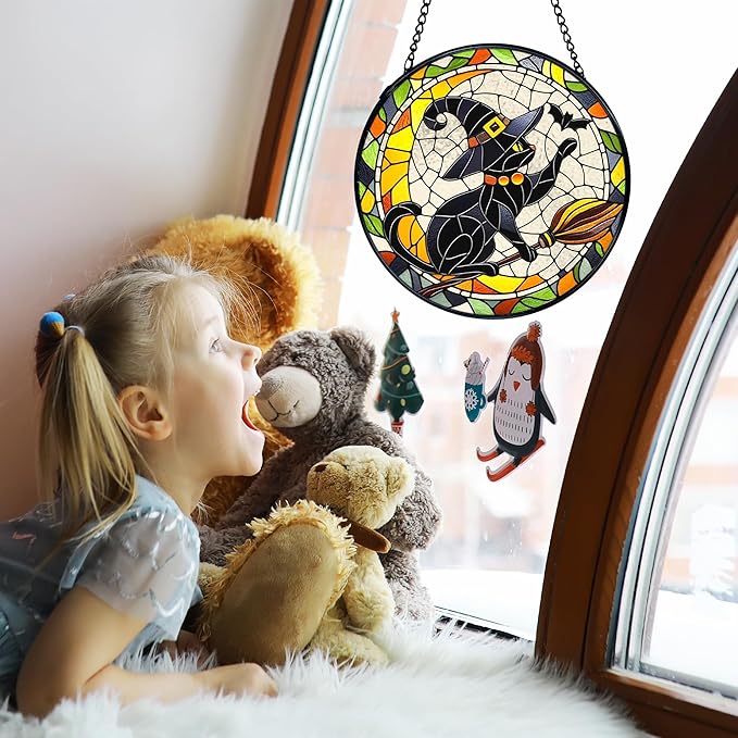 TNUW Halloween Black Cat Stained Glass Window Hanging, Gothic Witchy Black Cat Sun Catchers Indoor Window Glass Round Wall Art Decor, Halloween Wall Hanging Decorations, 7.9＂x7.9＂