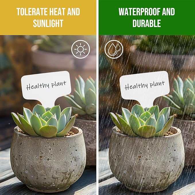 Plant Labels 200 Pcs Yuanling T-Type Plastic Garden Tags Waterproof Plant Sign Stakes Nursery Garden Makers for Seedlings Flower Vegetables Herb Potted Belt Permanet Marker Pen (White)