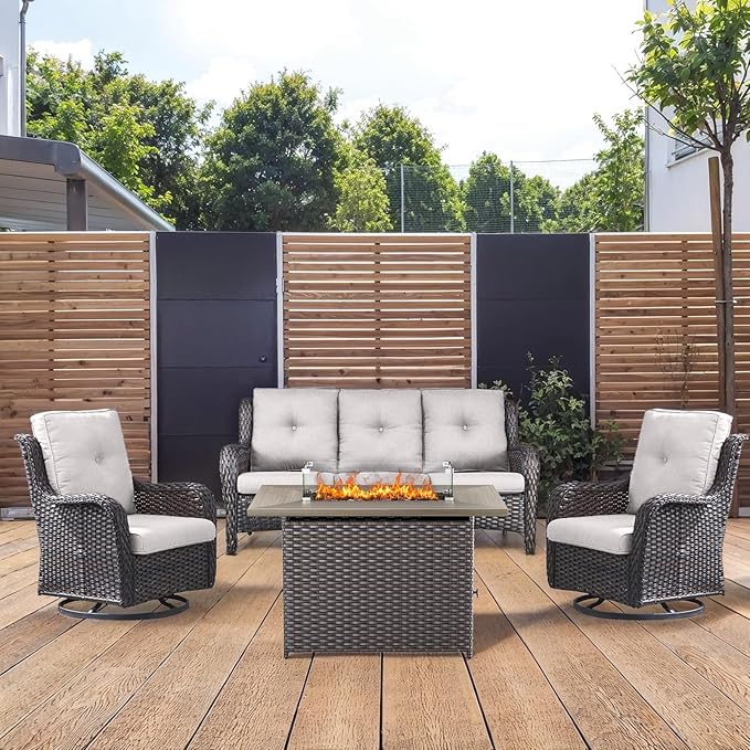4 Piece Patio Furniture-with 50,000 BTU Gas Propane Fire Pit Table Outdoor Patio Furniture with Swivel Rocker Chairs,Outdoor Couch