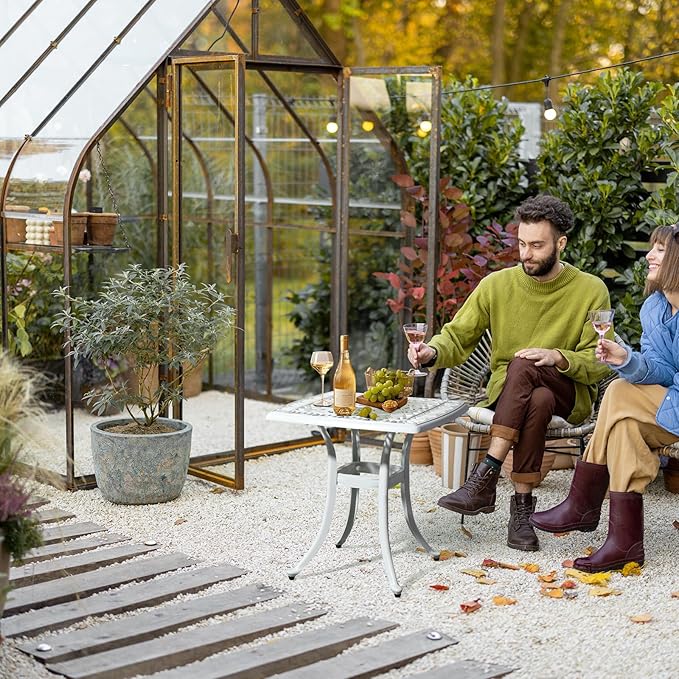 Outvita Patio Side Table, 21.3in Outdoor Square Cast Aluminum Bistro Table with Umbrella Hole and Antique Design for Backyard Porch Pool Balcony Deck White