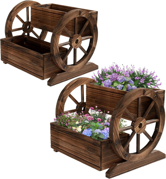 2PCS Wooden Wagon Planter Box, Garden Planter with Wheels,Decorative for Flowers Herbs Vegetables for Indoor & Outdoor Decor,Wooden Flower Cart for Patio Garden Balcony