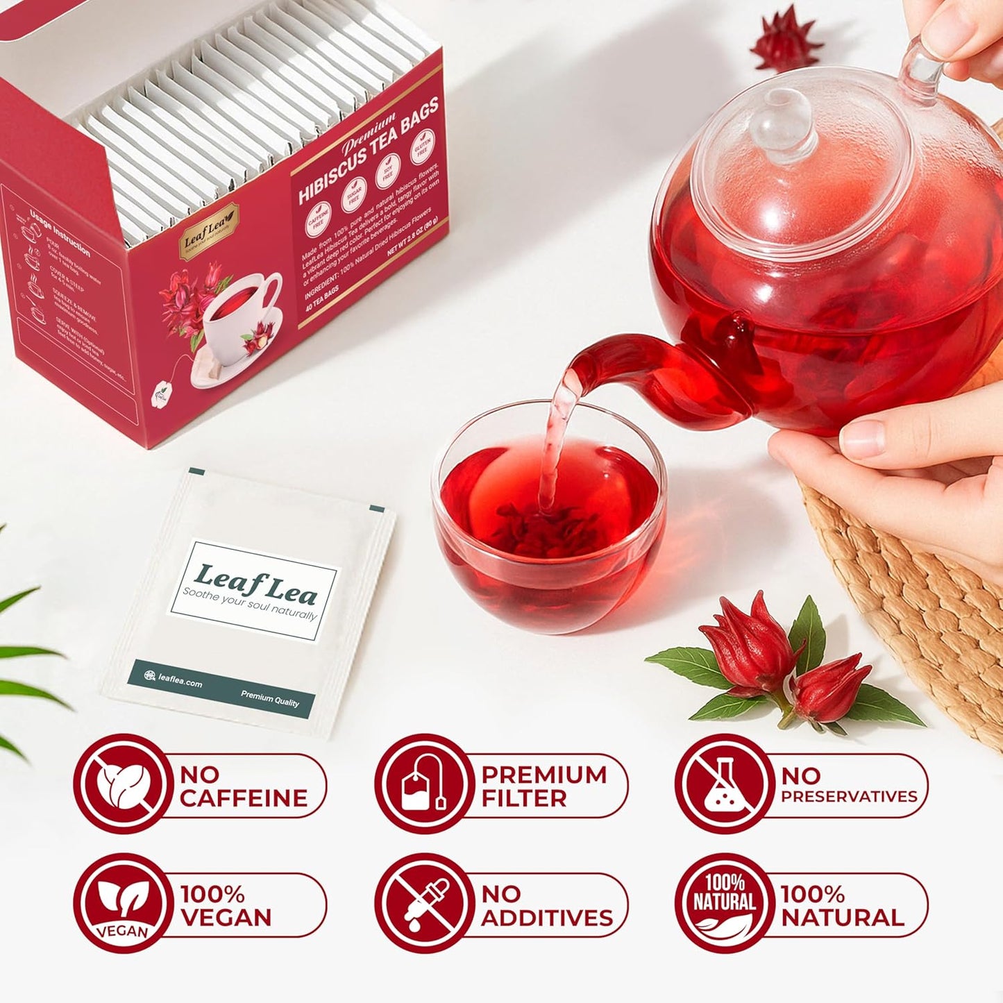 LeafLea Hibiscus Tea Bags – 240 Count, Individually Wrapped, 100% Natural Hibiscus Flower Herbal Tea, Caffeine-Free, Sugar-Free, Non-GMO, Rich in Flavor & Color, Te de Hibisco, Jamaica Tea (Pack of 6)
