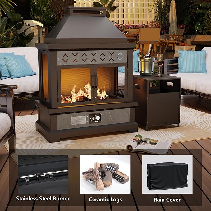 47.3''x35.5'' Outdoor Propane Fireplace, 50,000 BTU Vent-Free Gas Heater, CSA Certified Grey & Black Weather-Resistant Steel, Realistic Ceramic Logs, Rain Cover Included