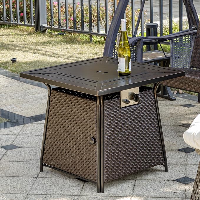 28 inch Wicker Propane Fire Pit Table,Gas Fire Pits Table for Outside,50000 BTU Propane Firepit with Lid &Lava Rocks,Gas Firepit for Garden,Yard (Brown Rattan)