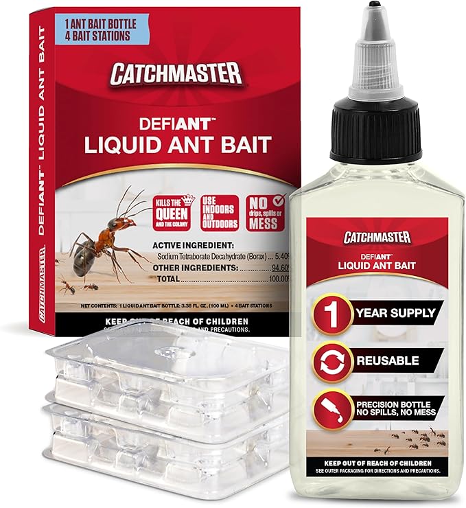 Catchmaster DEFIANT Premium Liquid Ant Killer, 1-Year Supply, Kills the Queen and Colony, No Mess Precision Bottle, Reusable Ant Traps Indoor & Outdoor, Pest Control Traps, Made in USA