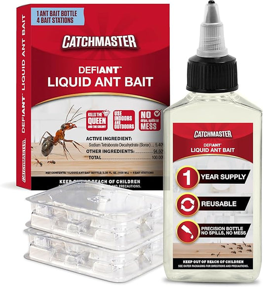 Catchmaster DEFIANT Premium Liquid Ant Killer, 1-Year Supply, Kills the Queen and Colony, No Mess Precision Bottle, Reusable Ant Traps Indoor & Outdoor, Pest Control Traps, Made in USA