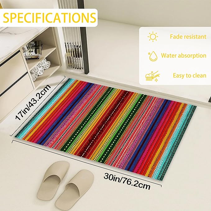 Door Mat,Mexico Stripes Welcome Mat Indoor,Ethnic Colorful Stripes Non-Slip Outdoor Entry Mat for Home Entryway, Low Profile Floor Rugs for Entry Patio, Porch, Hallways 30 x 17 Inch
