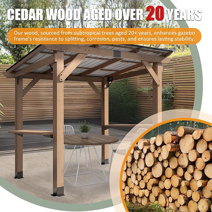 CHARMELEON 6'x8' Wood Grill Gazebo, Cedar Wood BBQ Grill Gazebo with 2 Side Storage Shelves, Pavilion with Hardtop Sloping Steel Roof for Outdoor, Patio, Barbecue, Garden, Deck