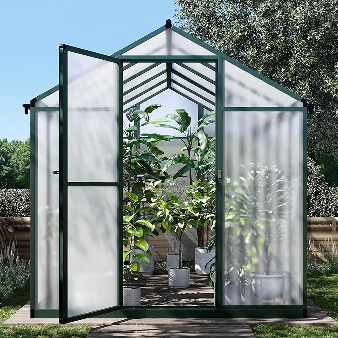 10x6.25FT Greenhouse,Easy Assembly Aluminum Polycarbonate Walk-in Greenhouse with Roof Vent, Large Outdoor Garden Green House,Patio,Backyard,Green