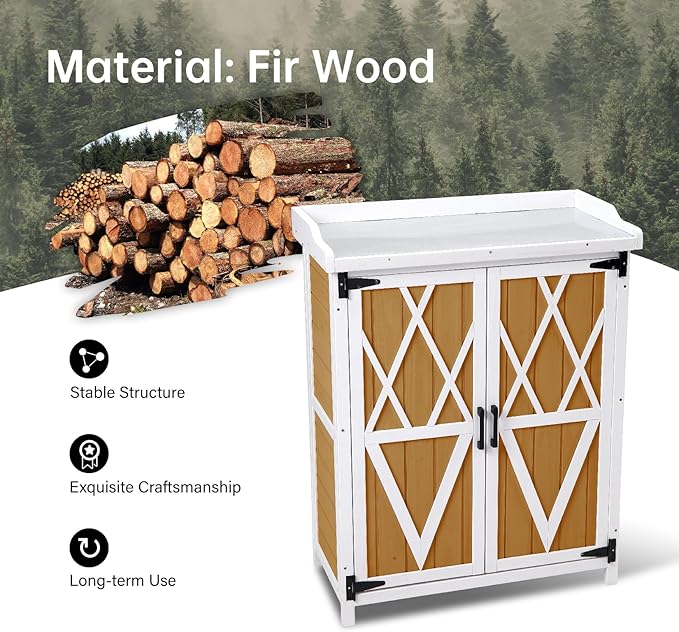 Potting Bench Outdoor Cabinet with Metal Tabletop, Wooden Storage Cabinets Weatherproof for Outside, Planting Work Benches with Adjustable Shelf, Doors for Garden Patio Lawn