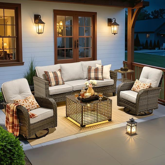 ovios 5 Pieces Patio Furniture Set, Outdoor Wicker Sofa Couch with Rocking Swivel Chairs Solar Lights Table, Modern Deep Seat Rattan Conversation Sets for Porch Deck, Grey