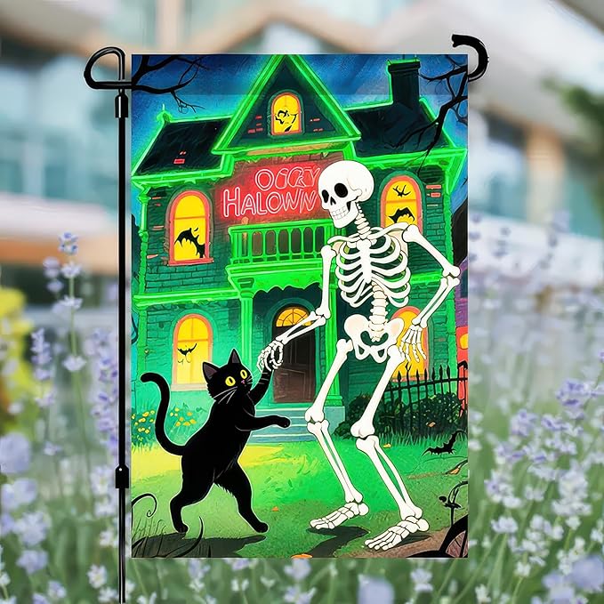 Garden Flags 12x18 Inch Halloween Garden Flag Double-Sided Skeleton Dancing with Black Cat Haunted House Pumpkin Fall Yard Decoration Trick or Treat Banner for Porch Lawn Outdoor Decor