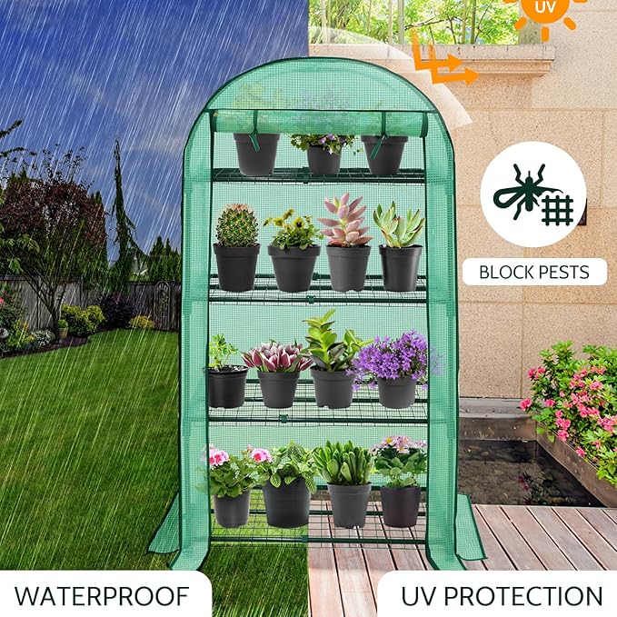 EAGLE PEAK Mini Greenhouse with Wire Shelves, Portable Indoor & Outdoor Green House with Roll-Up Zipper Door, 4 Tier, 31.5”x17.7”x63.0”, Green PE Cover