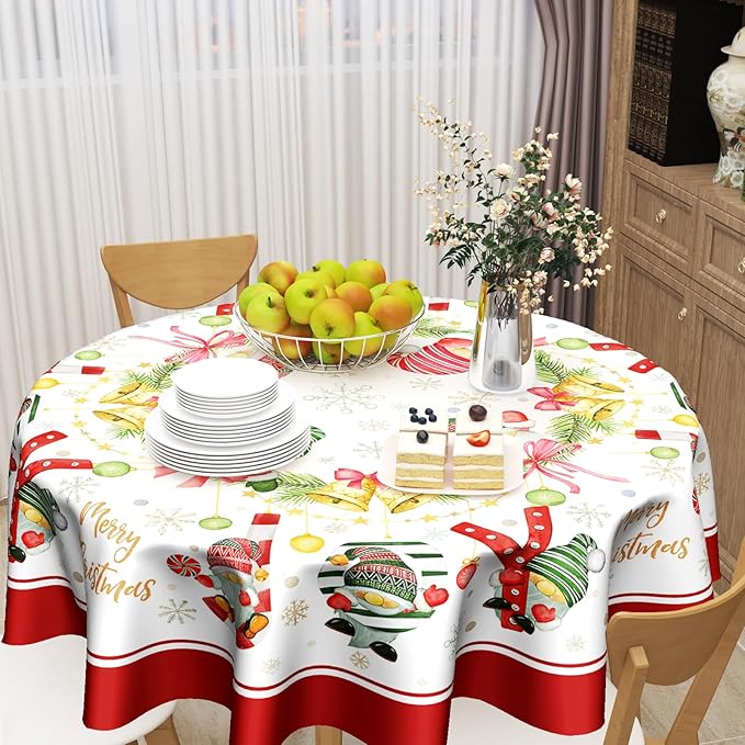 Gnomes Joy Christmas Decorations Tablecloth Farmhouse Xmas Winter Snowflake Tablecloth for Circular Table Cover Dinner Table Parties,60 Inch Round