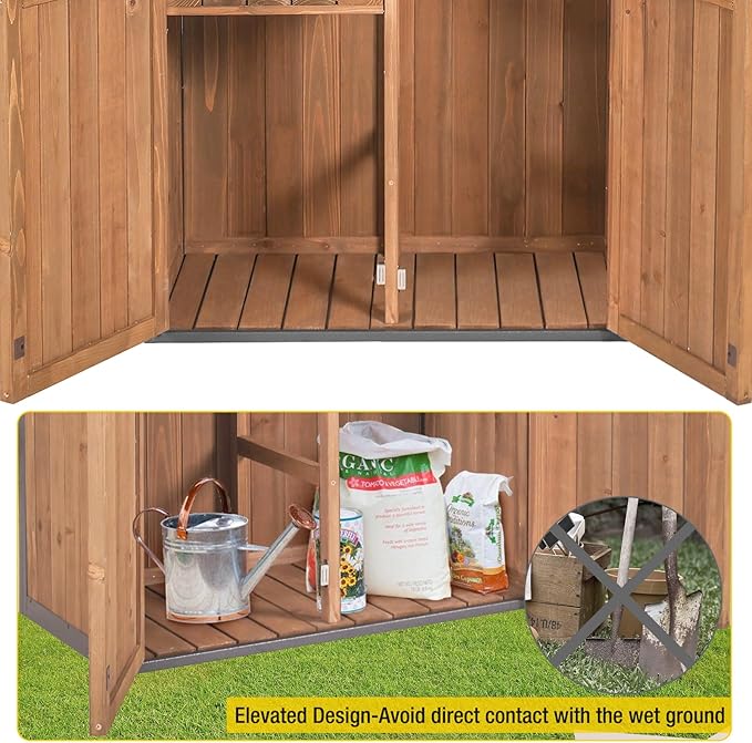 Aivituvin Shed Outdoor Storage Cabinet with All-Around Strong Metal Frame Wooden Tool House with Adjustable Shelfs and Floor,Waterproof Roof (Brown)
