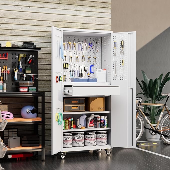 71" H Metal Garage Storage Cabinet with Wheels and Doors,Rolling Tool Cabinet with Pegboard,Rod and Drawer for Garage Warehouse Home,Required Assembly,White