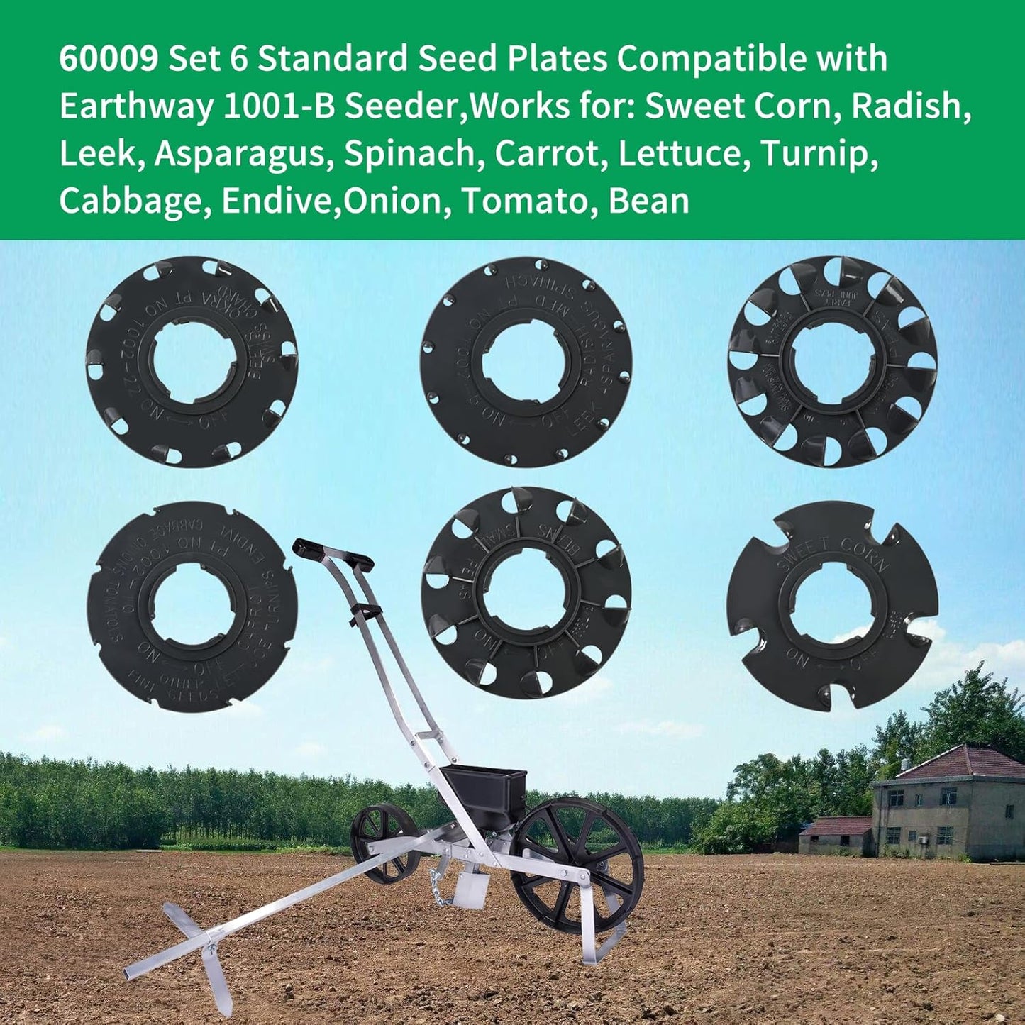 60009 Set 6 Standard Seed Plates Compatible with Earthway 1001-B Seeder,Works for: Sweet Corn, Radish, Leek, Asparagus, Spinach, Carrot, Lettuce, Turnip, Cabbage, Endive,Onion, Tomato, Bean