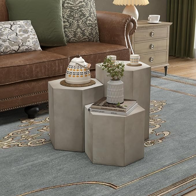 COSIEST Concrete Accent Table, Hexagon Patio Side Table 14.5''Wx20''H, Modular Design Indoor Outdoor End Table, Light Grey