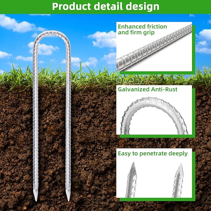 Trampoline Stakes Anchors High Wind 16inx10mm Galvanized U Hook 6pcs Rebar Stakes – Heavy Duty Ground Anchors for Trampoline,Yard & Inflatable,Landscape Metal Stakes for Outdoor Decorations