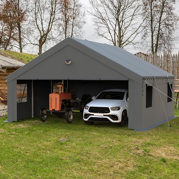 20x20 Carport, Heavy Duty Carport Canopy Garage with Removable Sidewalls and Drive Through Roll Up Zipper Doors, Grey