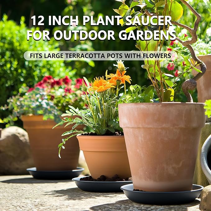 6 Pack 12 Inch Large Gray Plant Saucer Trays, Durable Heavy Duty Plastic PP Planter Bases, Round Water Catcher Plates and Drip Trays for Indoor Outdoor Gardening