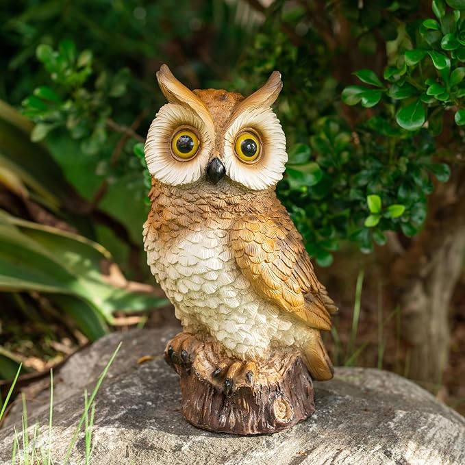 Solar Owl Garden Statues Outdoor Decor Resin Owl Figurine with LED Lights Owl Sculpture for Porch Patio Lawn Yard Decorations Halloween Christmas Housewarming Gifts for Women Mom,Brown Owl
