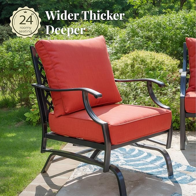 Patio Furniture Set, 6 Pcs Metal Outdoor Conversation Set, 2 Rocker Chairs, 2 Ottomans and 3 Seater Sofa with 5.75" Extra Thick Cushion and Gas Fire Pit Table, Red