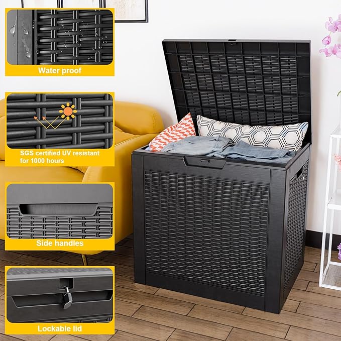 31 Gallon Wicker Pattern Resin Deck Box, Lockable Patio Outdoor Storage Box for Furniture, Garden Tools and Tools Storage, Waterproof Outside Storage Box - Black