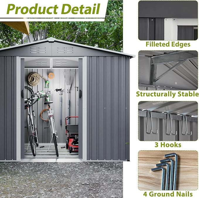 10X8 FT Outdoor Storage Shed, All Weather Metal Sheds with Lockable Doors, Tool Shed for Garden, Patio, Backyard, Lawn (Grey with Floor Frame, 8x6 ft)