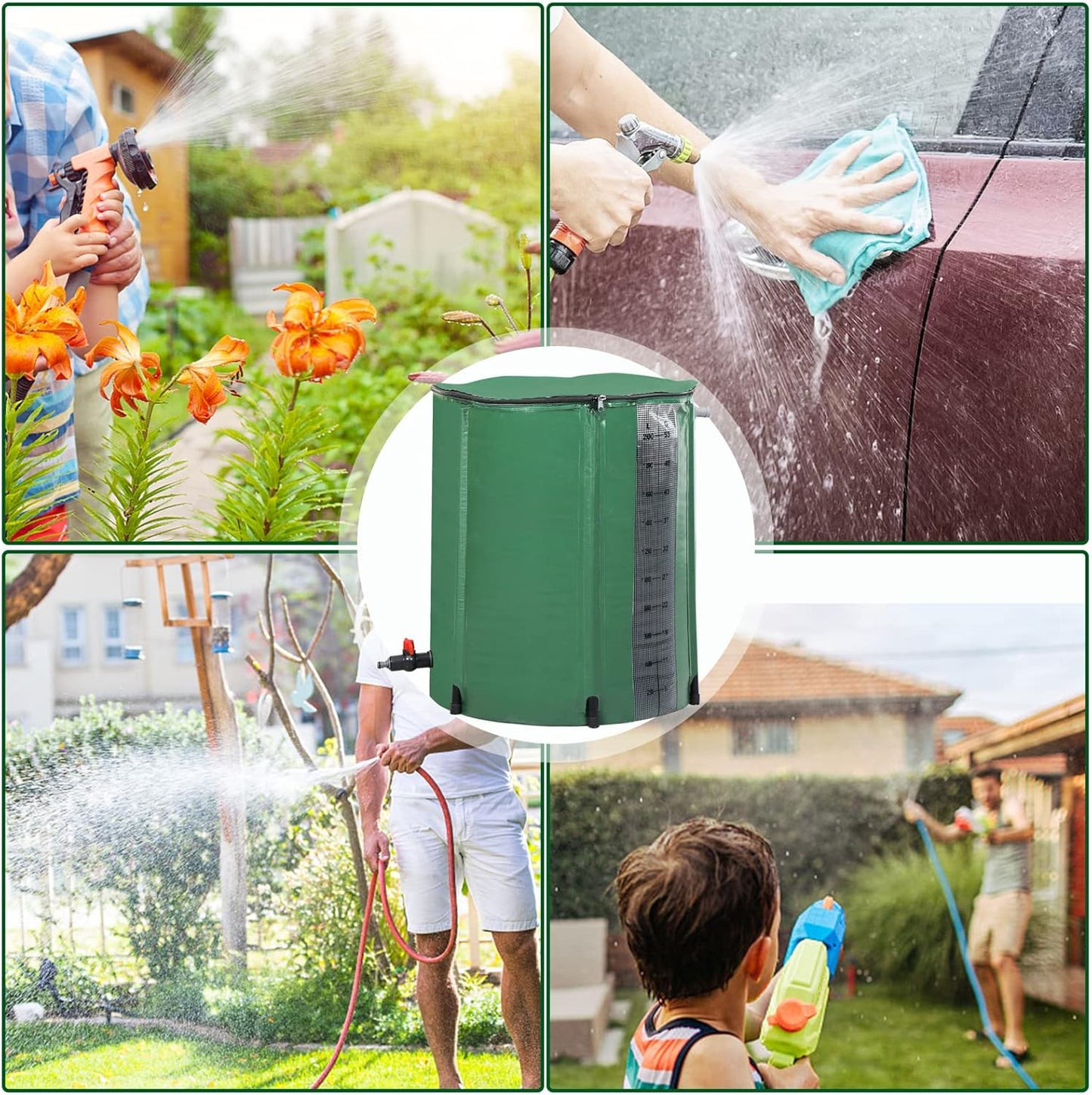 50 Gallon Collapsible Rain Barrel, Portable Rainwater Collection System, Rain Catcher Barrel with Volume Scale Mark, Spigots and Overflow Kit, Rain Water Barrel Collector for Garden, Green