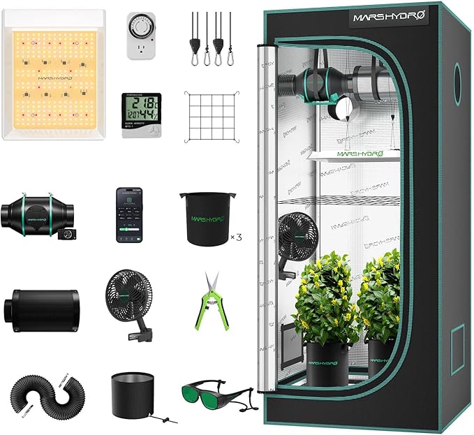 MARS HYDRO 2x2 Grow Tent Kit Complete System with 10 Speed Clip Fan,100W TS600 LED Full Spectrum Grow Light,24"x24"x55" 1680D High Reflective Mylar Grow Tent,4 inch 205 CFM Smart Ventilation System