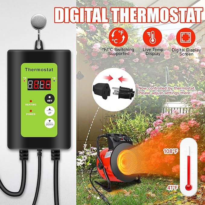 Greenhouse Heater with Digital Thermostat - 1500W Portable Outdoor Heaters for Patio, Fast Heating, Overheat Protection, Electric Space Heater for Greenhouse, Grow Tents, Patio, Red