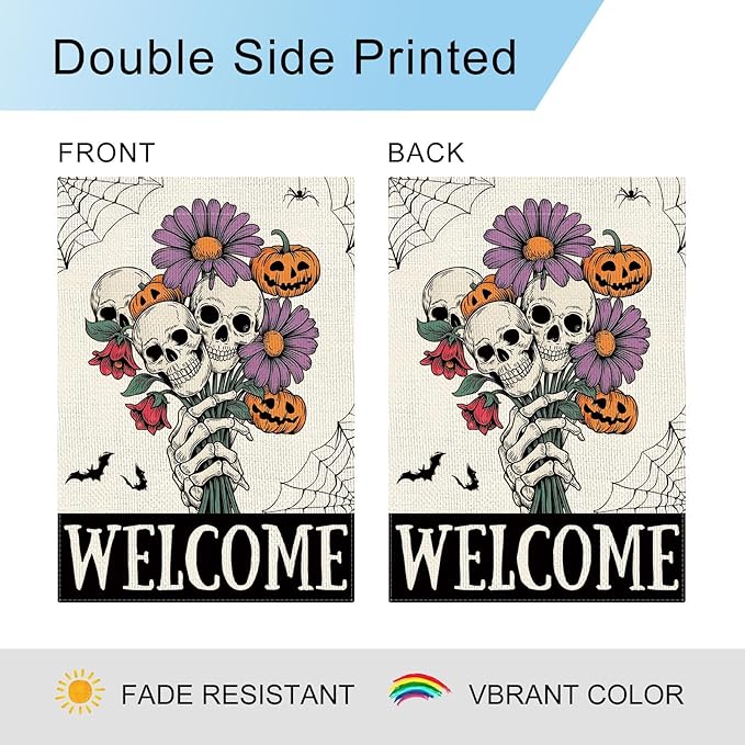 DLZDN Welcome Halloween Skull Garden Flag Skeleton Gothic Spooky Flag 12×18 Inch Double Side Vertical Burlap Farmhouse Yard Sign Holiday Seasonal Outdoor House Decoration