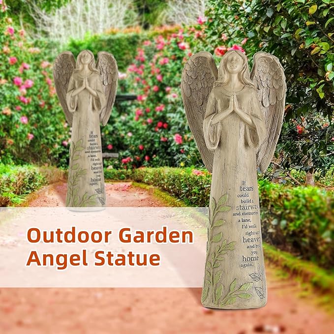Garden Resin Angel Statue Standing Praying, Patio and Lawn Decoration Outdoor Waterproof Sculpture Ornament for Angel Memorial Gifts Home Decoration, 13" H