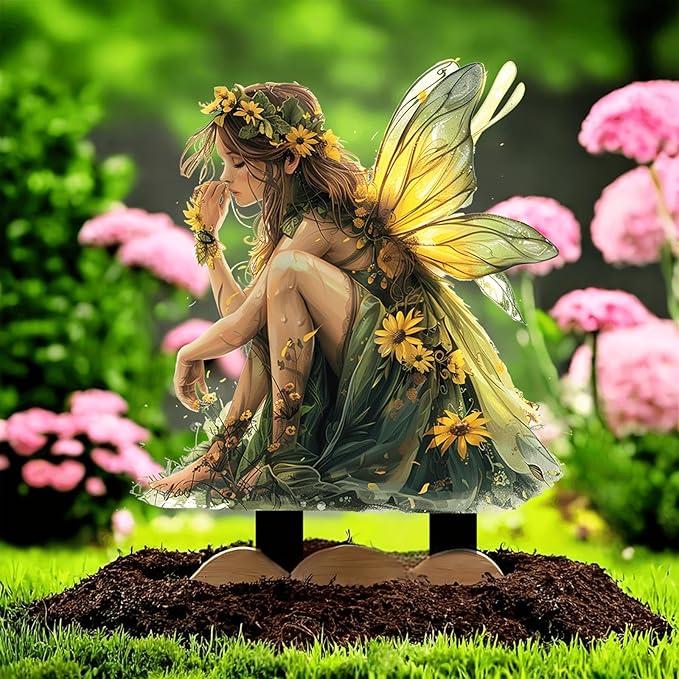 Fairy Garden Stake Decor, 2D Flat Acrylic Fairy Garden Decor Panel, Elf Yard Sign for Outdoor Indoor Yard Lawn Plants Pots, Fairy Yard Accessories (Green Fairy)