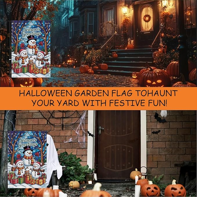 Fokongna Winter Hello Snowman Garden Flag, Season's Greetings Merry Christmas Garden Flag, 12x18 Inch Burlap Vertical Double Sided Flags, for Home Yard Outside Decorations