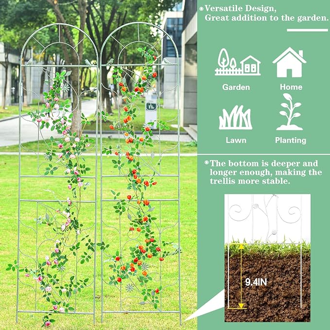 Sungmor Large Metal Garden Trellises for Climbing Plants - 82.5 Inch Tall & 2PC Green Pack - Beautiful Retro Style Metal Fence Trellis - Gardening Vines Plant Support for Flower Rose Climbing