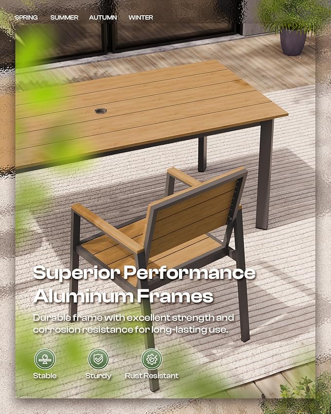 67" Rectangle HDPS Patio Dining Table, Aluminum Outdoor Patio Dining Table with Umbrella Hole, Weather-Resistant for Lawn, Garden, Yard, Poolside and Indoor Use, Gray & Teak