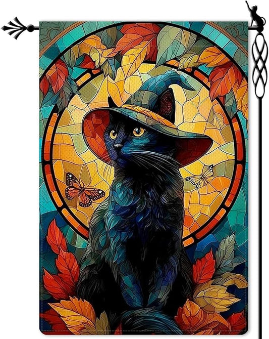 Halloween Wizard Cat Garden Flag Stained Glass Style Holiday Garden Flag Vertical Double Sided Rustic Farmland Burlap Yard Lawn Outdoor Decor 12.5x18"
