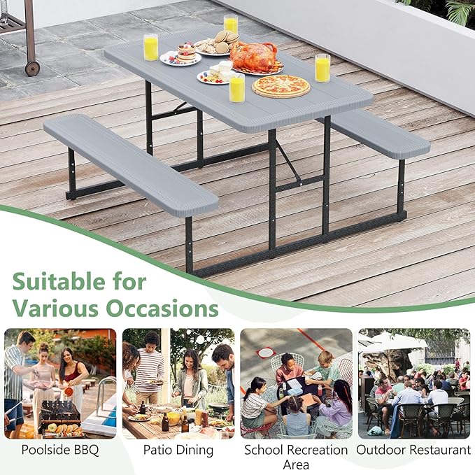 Tangkula Picnic Table, HDPE Outdoor Rectangular Table Bench Set with 2 Built-in Benches, Umbrella Hole, Metal Frame for 4 Person, Garden Yard Patio Lawn
