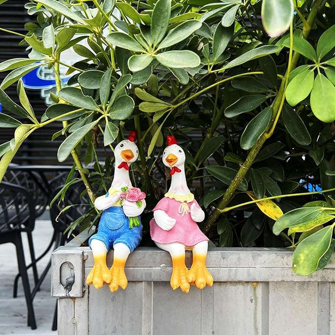 Handside Couple Duck Garden Statues Cartoon Resin Cute Sitting Chicken Sculpture Goose Lovers Figurine Gift Decorations for Yard Home Patio and Office and Wedding (Chicken)